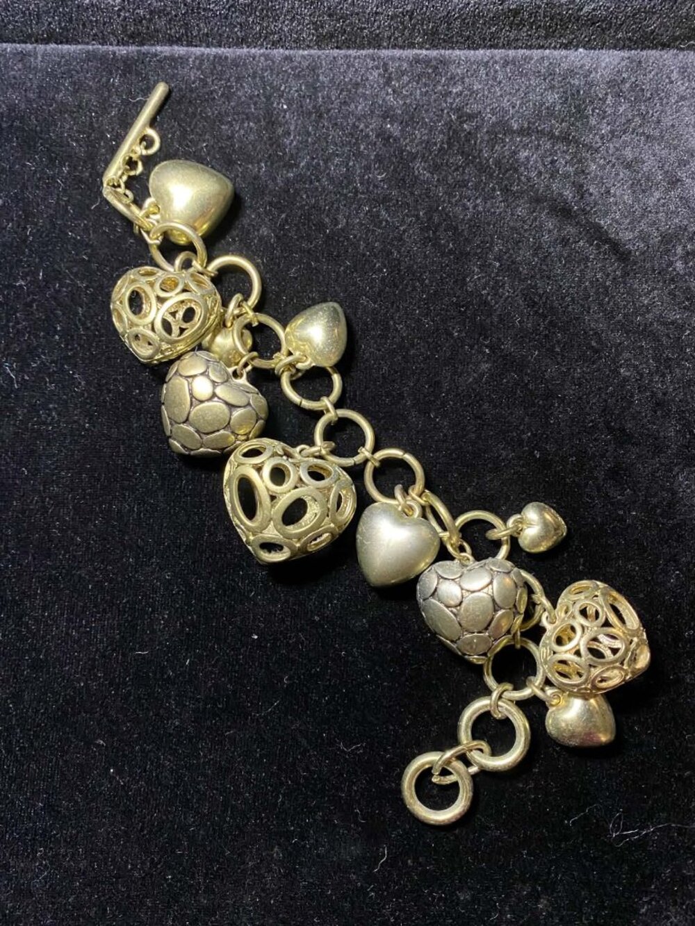 Vintage Retro Lrg Chunky Solid Filigree Puffy Heart Round Links Toggle Bracelet